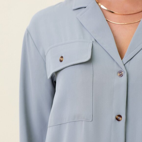MYSTREE Light Blue Button-Down Blouse, Relaxed Fit Collared Shirt, Soft Flowy - Picture 5 of 5